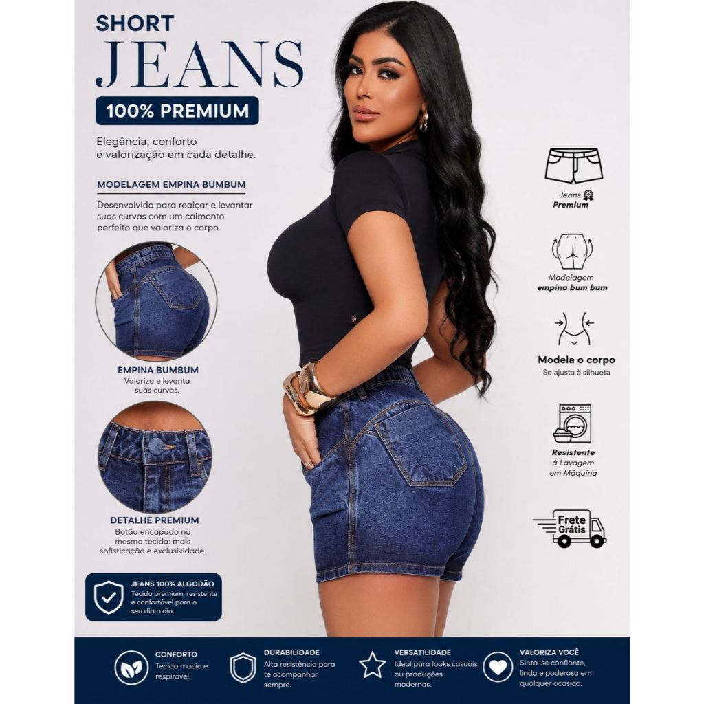 Short Jeans Feminino 100% Algodão Empina Bumbum Botão Encapado