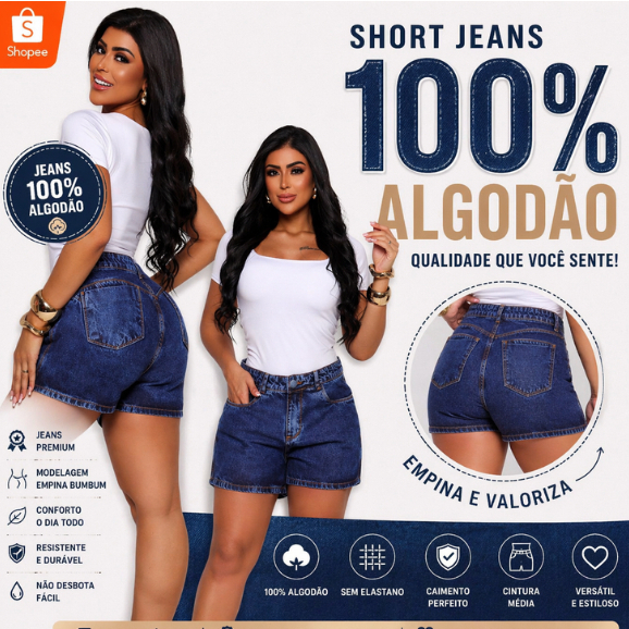 Short Jeans Feminino 100% Algodão | Modelagem Empina Bumbum | Cintura Média | Jeans Premium Básico
