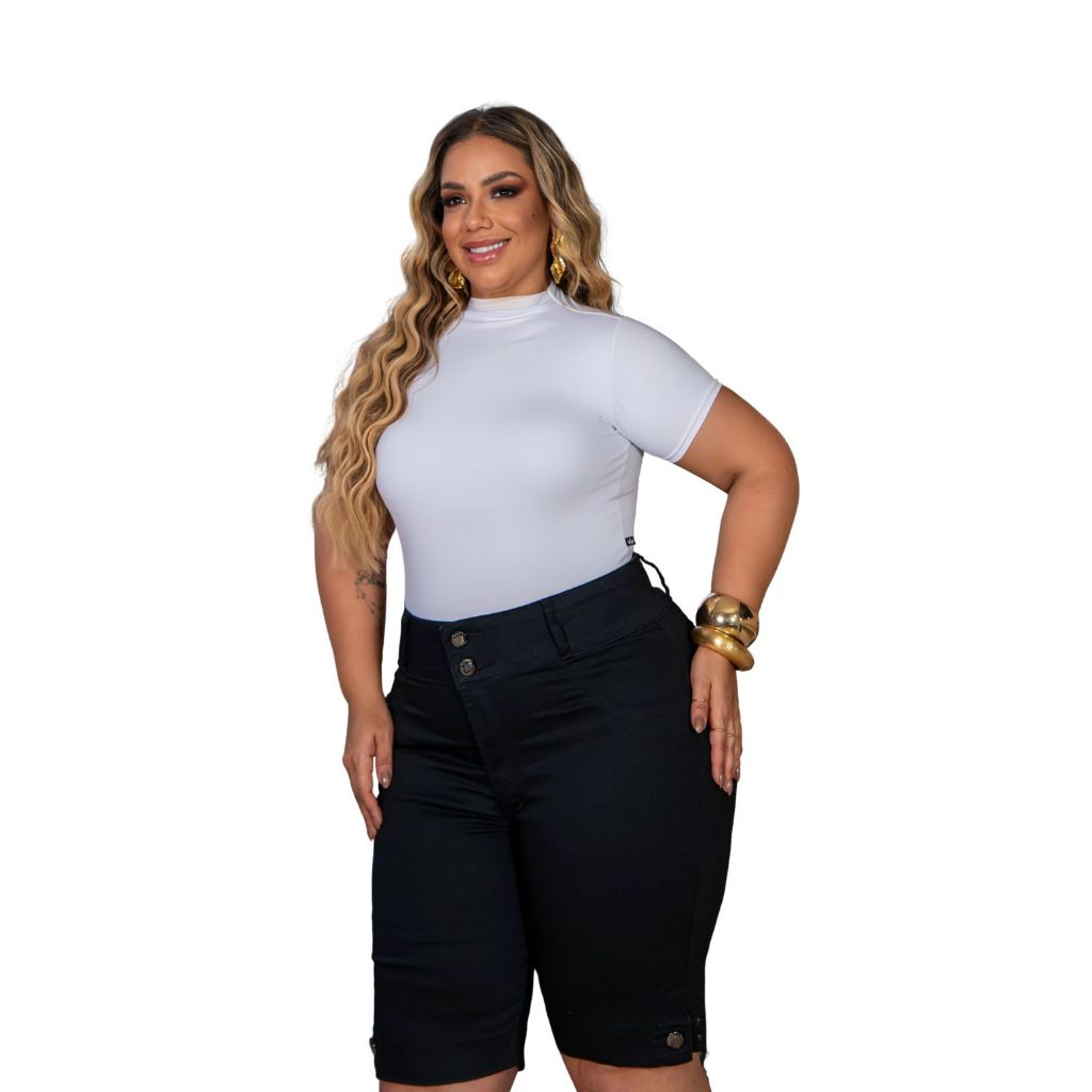 Bermuda Cilcista Jeans Preta Plus Size Chic Lady Cintura Alta Modelagem Empina BumBum