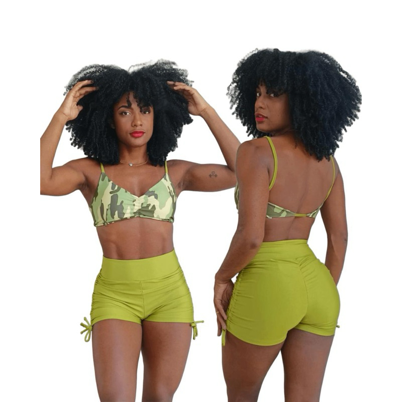 Conjunto Estampado Fitness  Top Costa Nua Short com Amarração Lateral Com Empina Bumbum Para Academia