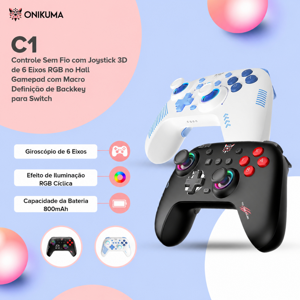 ONIKUMA C1 Wireless Bluetooth Joystick De Efeito Hall Gamepad with Dual Mode and Six-Axis Gyroscope
