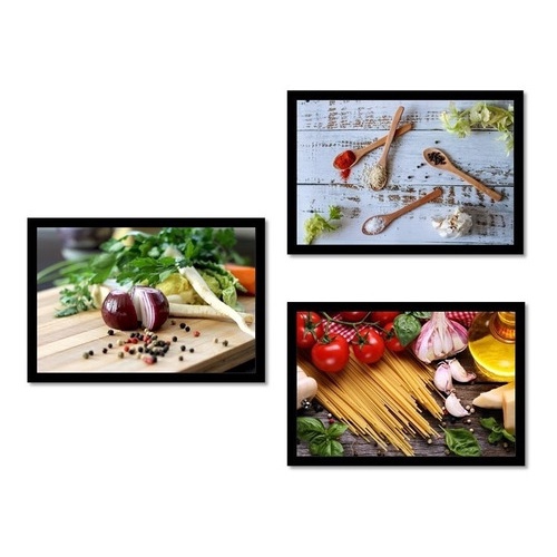 Kit 3 Quadros Decorativos com Moldura e Vidro tema Cozinha Temperos Frutas Gourmet 20 x 30 cm A4 Impressão Ultra HD