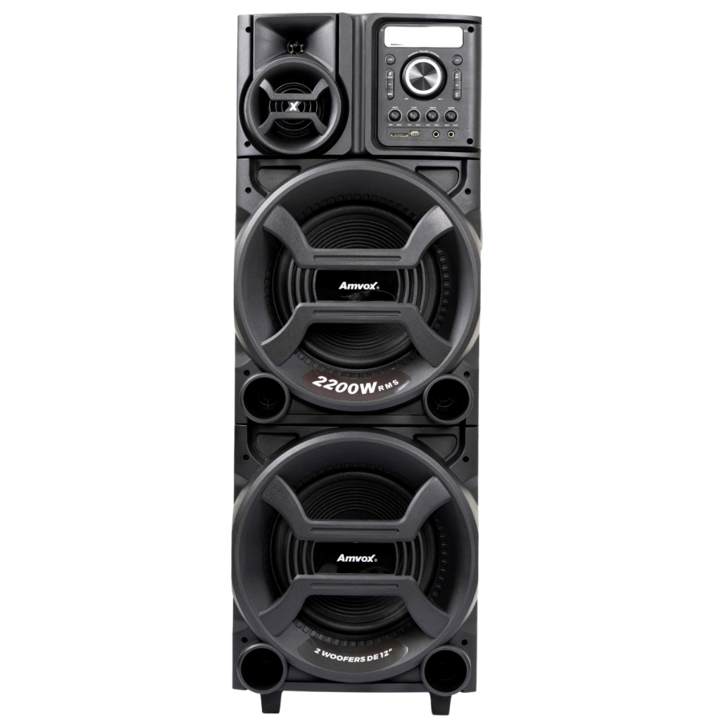 Torre Som 2200W Amvox ACA 2201 Pesadão Duplo Woofer 12 Led TWS Bivolt bluetooth sem FM