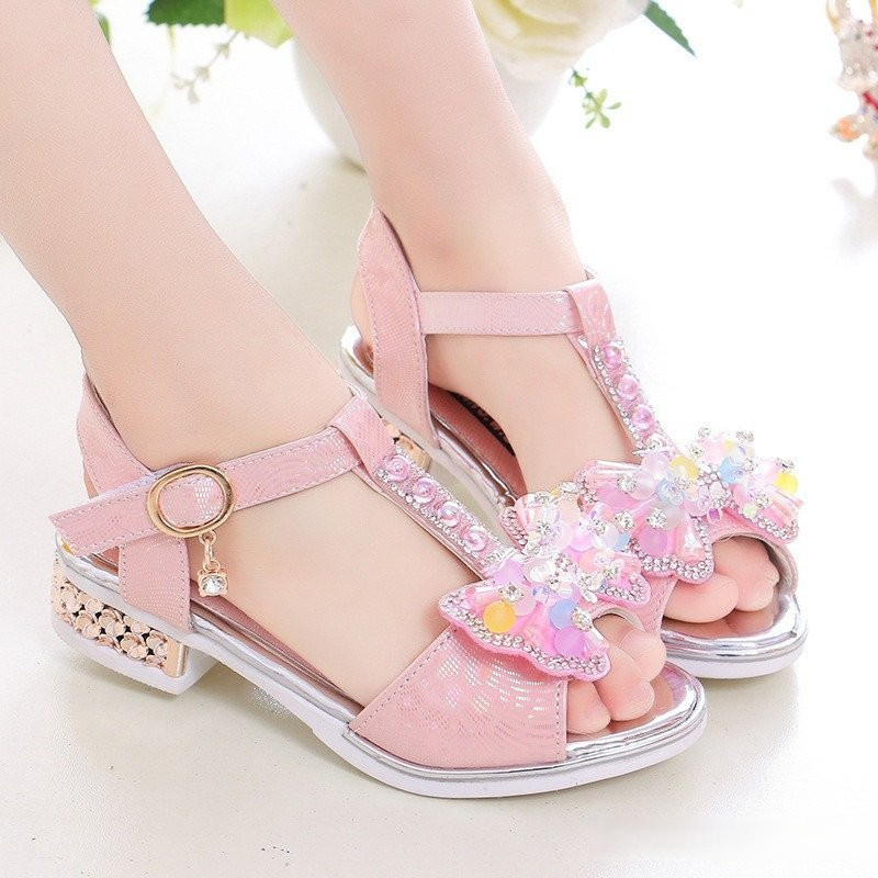 Sandálias elegantes da JTLD para meninas, combinando com os sapatos de salto alto de cristal com laço da princesa Elsa,