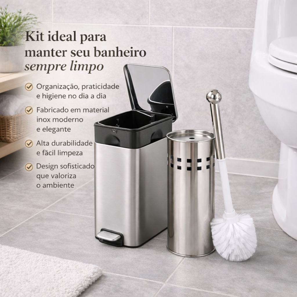Kit Lixeira Inox Retangular 5L Balde Removível + Escova Inox Vaso Sanitário Banheiro Limpa Vaso Privada Pedal Multiuso