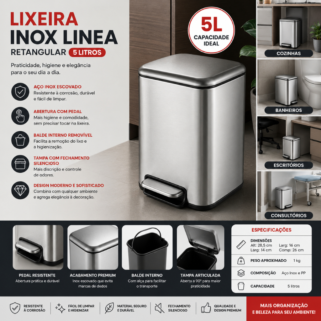 Lixeira Inox Retangular Compacta Multiuso Capacidade 5 Litros Design Moderno