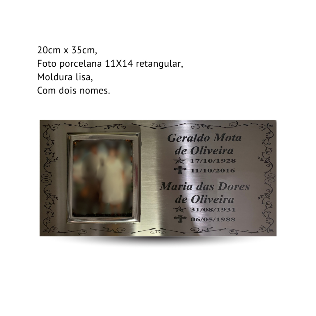 PLACAS PARA JAZIGO,TUMULO-PLACA EM INOX 20x30 COM FOTO PORCELANA RETANGULAR 11X14 E MOLDURA LISA