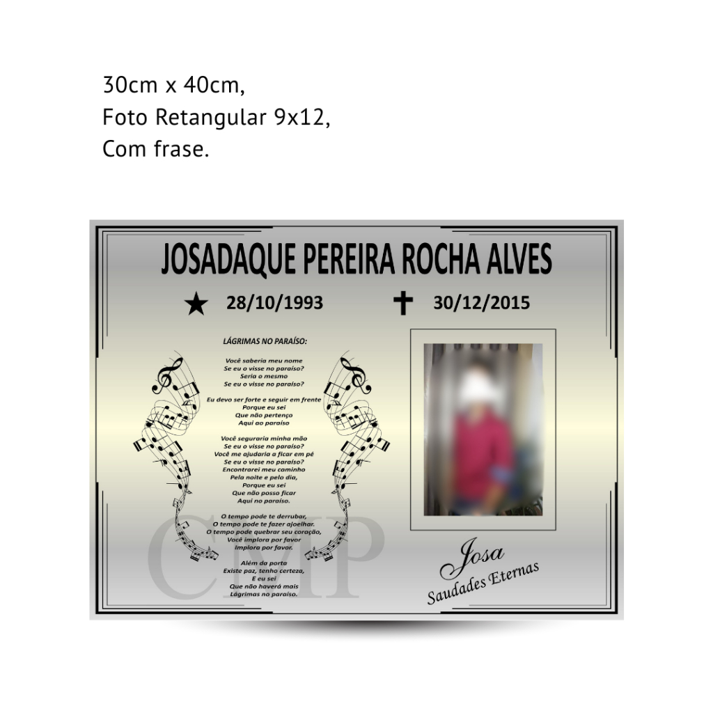 PLACAS PARA JAZIGO,TUMULO-PLACA EM INOX 30X40 COM FOTO PORCELANA RETANGULAR 9X12.