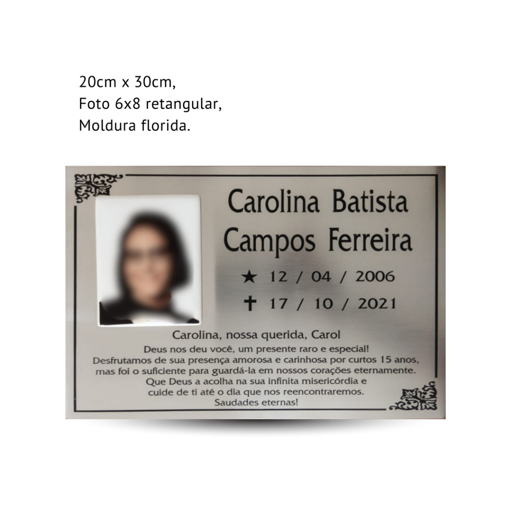 PLACAS PARA JAZIGO,TUMULO-PLACA EM INOX 20X30 COM FOTO PORCELANA 6X8 RETANGULAR - FRASE