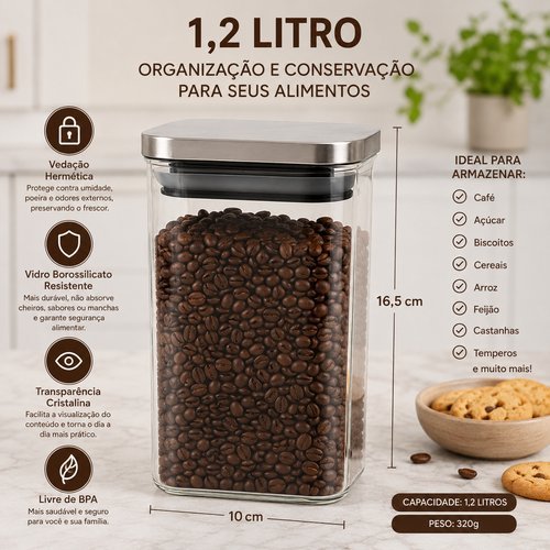 Pote Hermético Vidro 12L Retangular Tampa Inox Mantimentos ✨