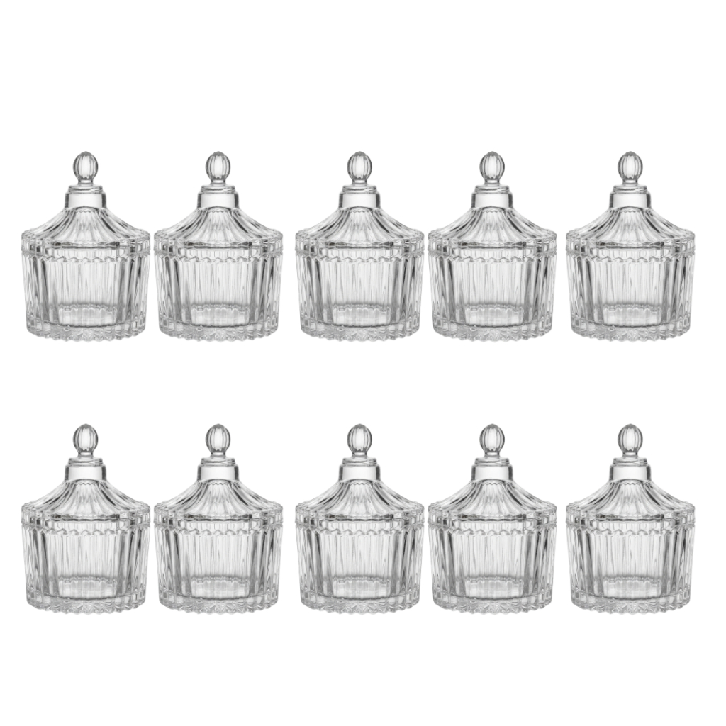 Kit 10 Bombonieres de Vidro Transparente com Tampa Decorativa para Doces e Balas