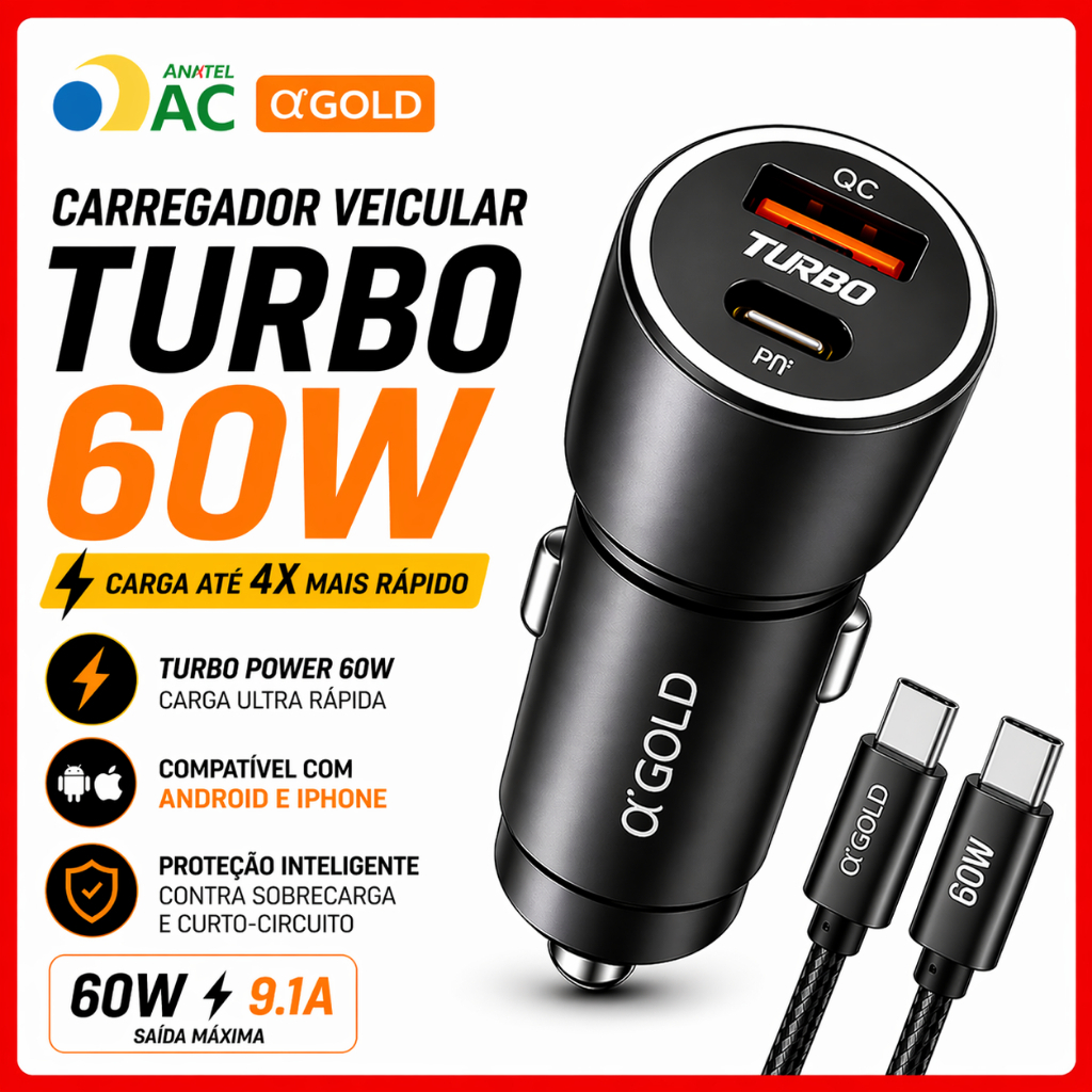 Carregador Veicular Turbo com 60W Entradas USB e Tipo C com ou sem Cabo Fonte Carro Automotivo