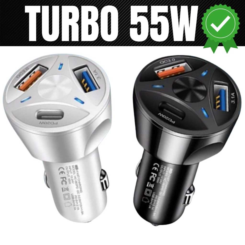Carregador Veicular 3 Entradas Turbo 55W Carro Carregamento Rápido Sortido