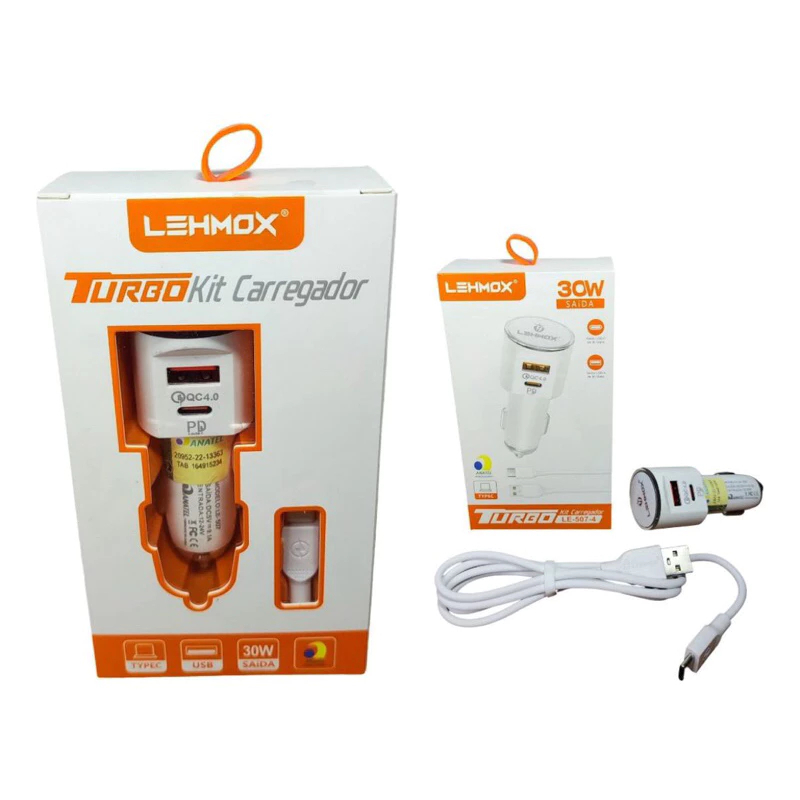 Carregador de Carro Turbo Lehmox LE-507 Veicular USB Tipo C 2 Entradas