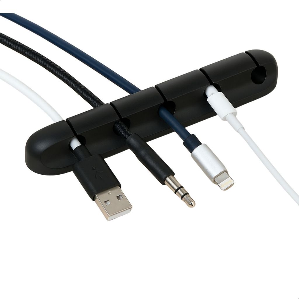 Organizador de Cabos e Fios em Silicone Flexível  5 Entradas Suporte Adesivo para Mesa e Carro