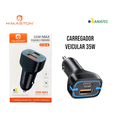 Carregador Celular Para Carro 35W Carga Rápida Entrada USB e Tipo-C H'Maston L12-4