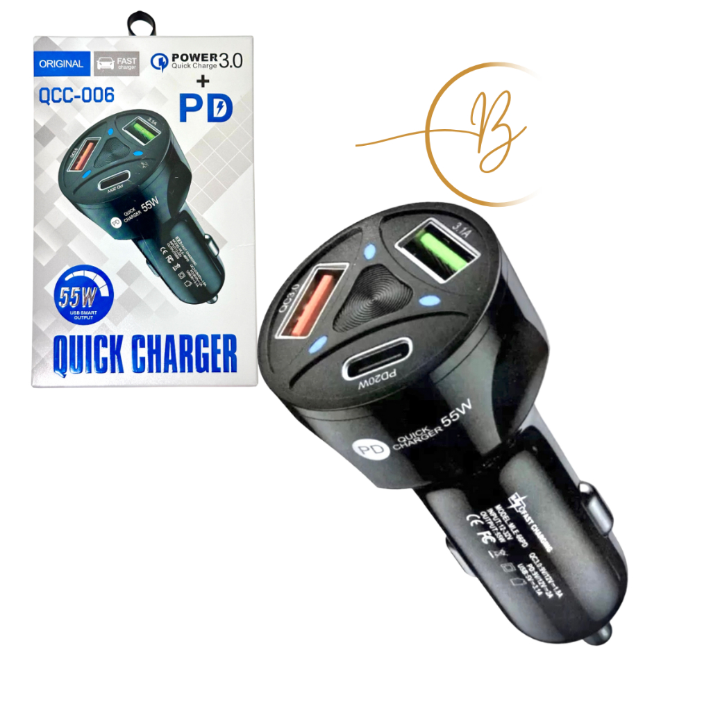 Carregador Turbo 15W Para Carro QUICK CHARGE POWER 3.O PD Com 3 Entrada Usb 3.0/3.1/tipo-c