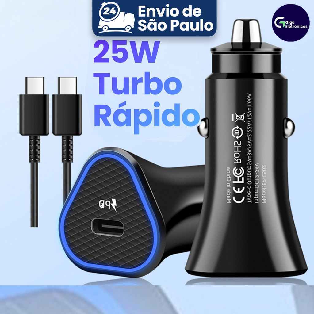 Carregador Para Veículo Celular Fonte De Carro Entradas USB Turbo Rápido 25W Carregamento