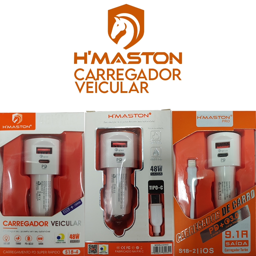 Carregador Veicular 2 Saídas p/ Entrada USB e TIPO C Turbo 9.1A Hmaston S18-4 USB C PD Carro Celular