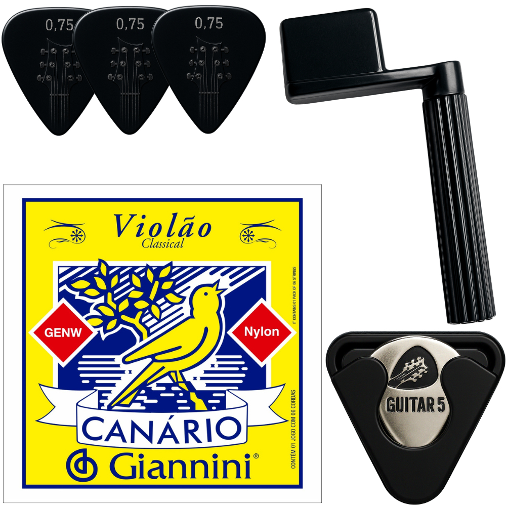 Encordoamento Cordas Para Violão Nylon Clássico Canário Giannini + Palhetas + Enrolador