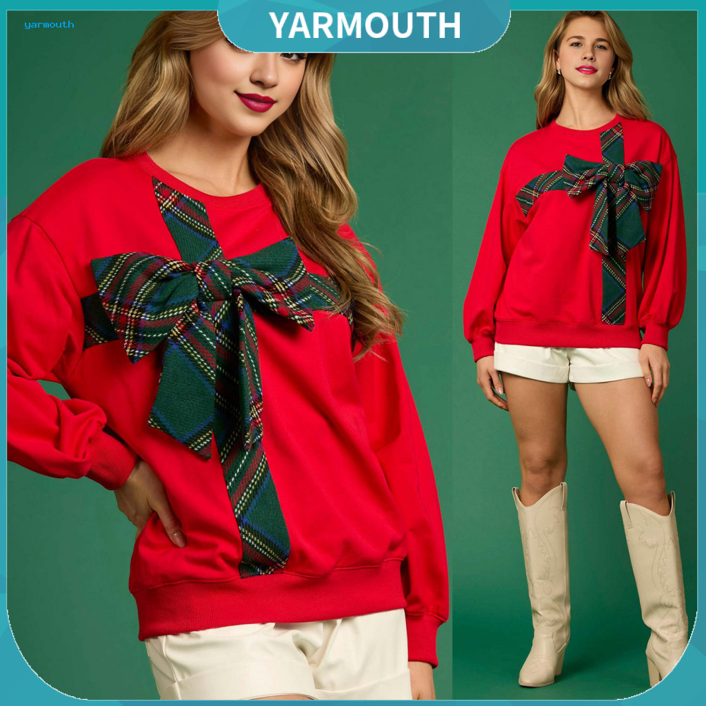 Festive Christmas Sweatshirt Hoodie for Women O-neck Long Sleeve Plaid Print with Bowknot Decor Loose Fit Pullover Top S