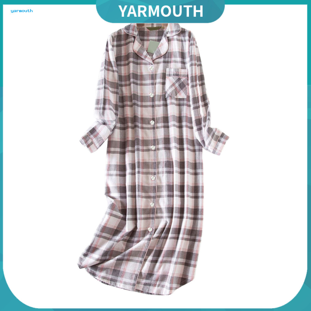 Women Nightgown Color-blocked Print Nightshirt Women’s Autumn Spring Loose Knee-length Sleepwear Heart Plaid Turn-down