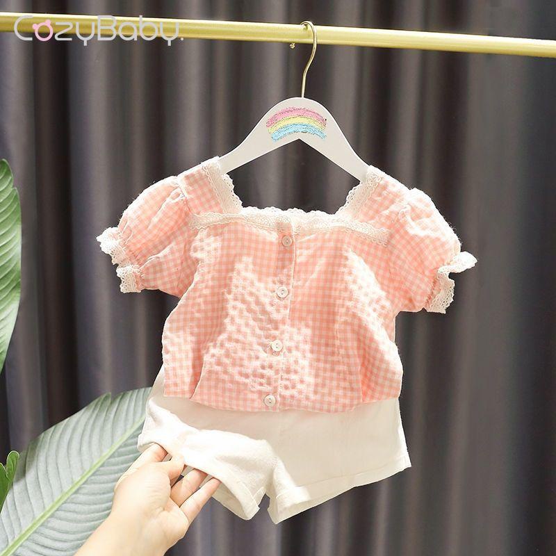 Conjunto Meninas 2Pcs 2024 Summer Short-sleeved Top + Shorts Lace Plaid Print Moda Coreana 0-5Y Roupas