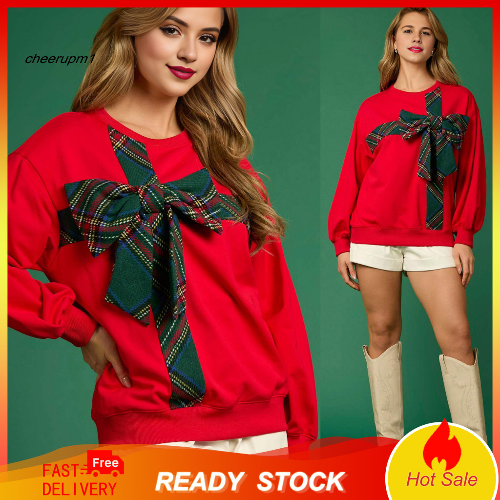 Loose Fit Christmas Hoodie for Women O-neck Long Sleeve Plaid Print with Bowknot Decor Pullover Top Stylish Holiday Swea