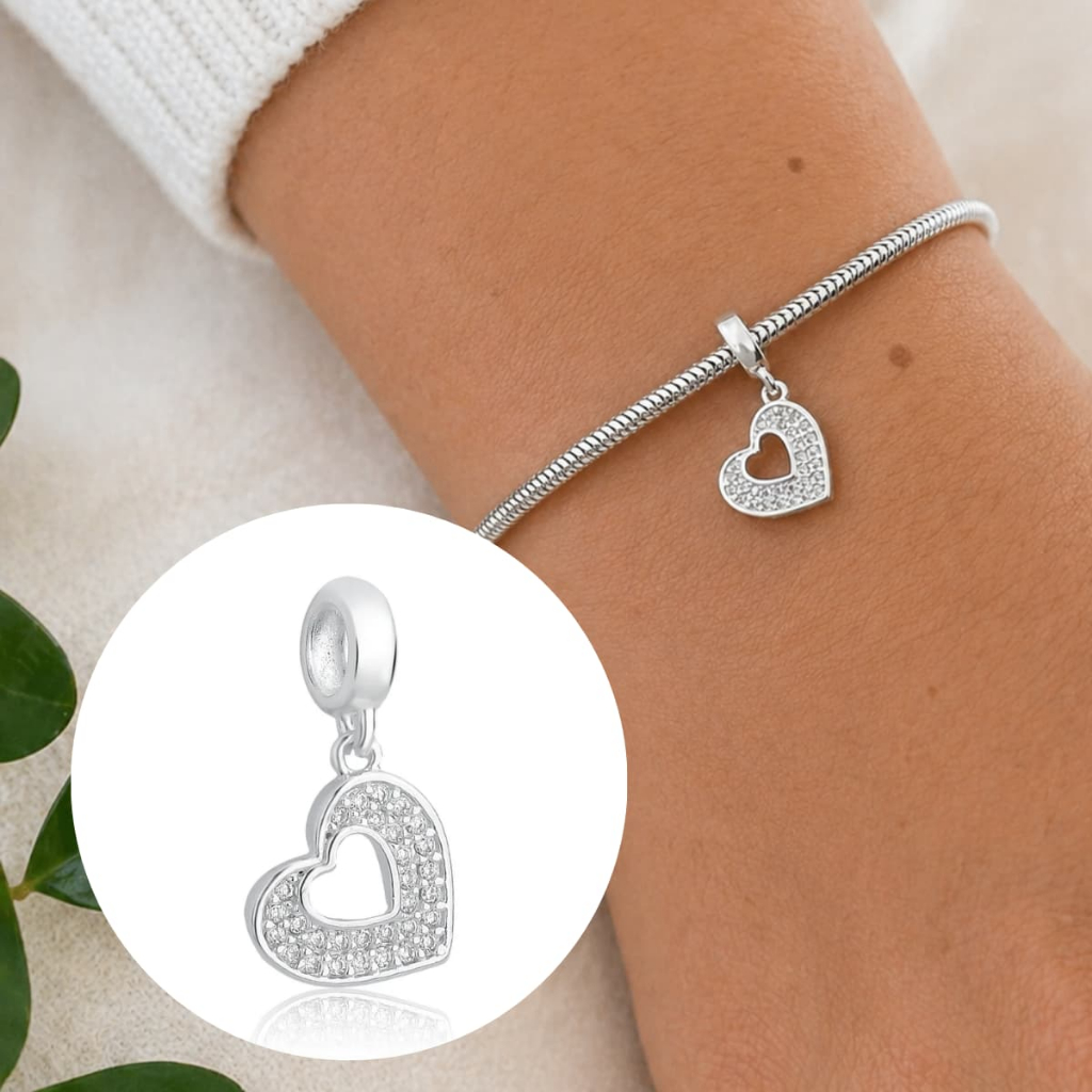 Berloque Coração Cravejado Prata 925 Berloque Charms Pingente Coração com Pedras Zircoônias