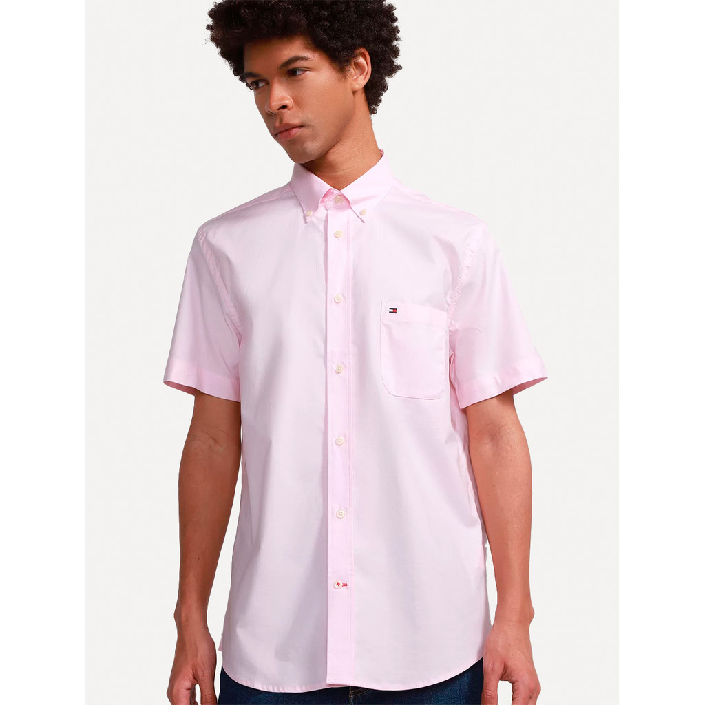 Camisa Tommy Hilfiger Original Masculina Manga Curta Regular Pocket Poplin Rosa Claro