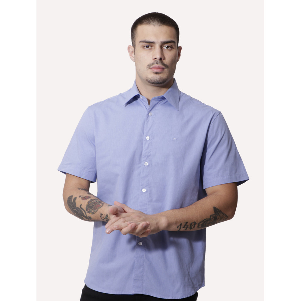 Camisa Ellus Original Masculina Regular Manga Curta Tricoline LY Stretch Jemez Listrada Azul