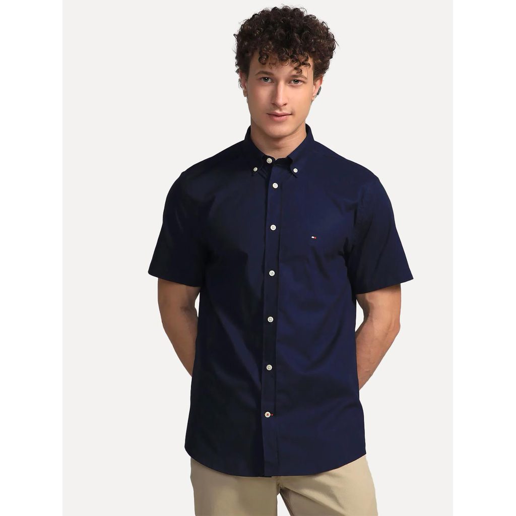 Camisa Tommy Hilfiger Original Masculina Manga Curta Regular Classic Poplin Azul Marinho