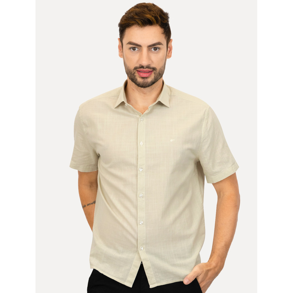 Camisa Ellus Original Masculina Regular Manga Curta Linen Like Surf New Italian Cáqui Claro