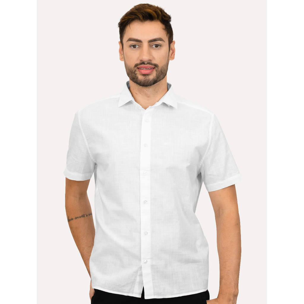 Camisa Ellus Original Masculina Regular Manga Curta Linen Like Surf New Italian Branca