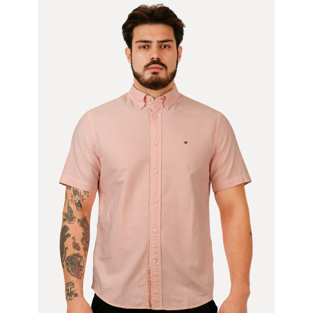 Camisa Tommy Hilfiger Original Masculina Manga Curta Regular Oxford Stripes Laranja Mescla