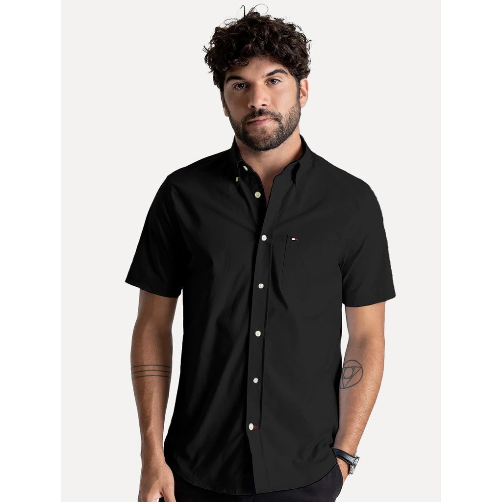 Camisa Tommy Hilfiger Masculina Manga Curta Regular Pocket Poplin Preta