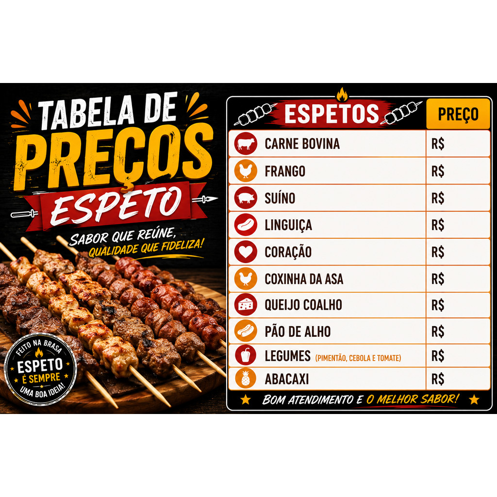 BANNER EM LONA PROPAGANDA 90X50CM COM 4 ILHÓIS ALTA QUALIDADE TABELA DE PREÇO ESPETINHOS