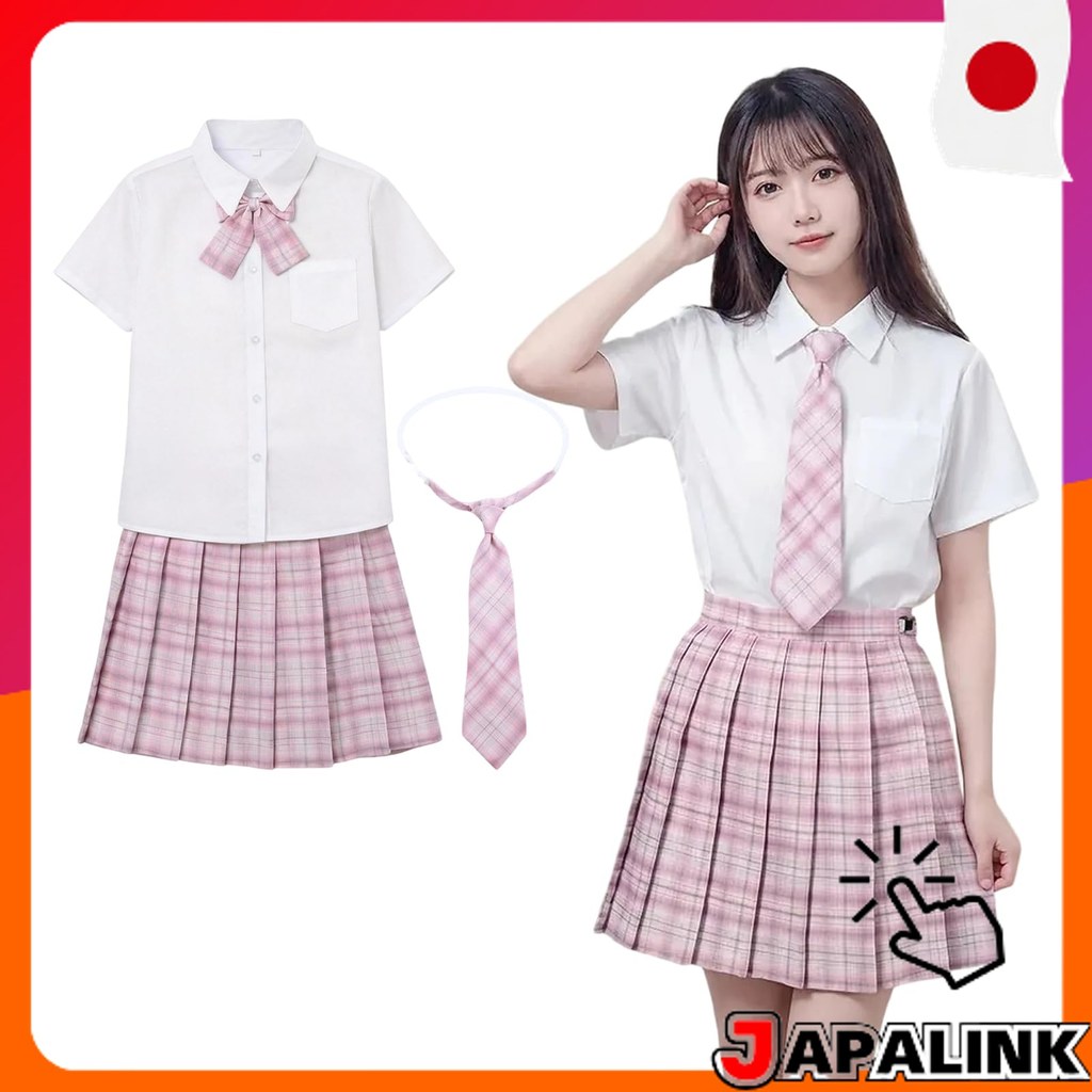 Apparlxer Fantasia Escolar Rosa - Saia, Camisa, Gravata e Laço - Halloween, Festa, Formatura 【Direct from Japan】