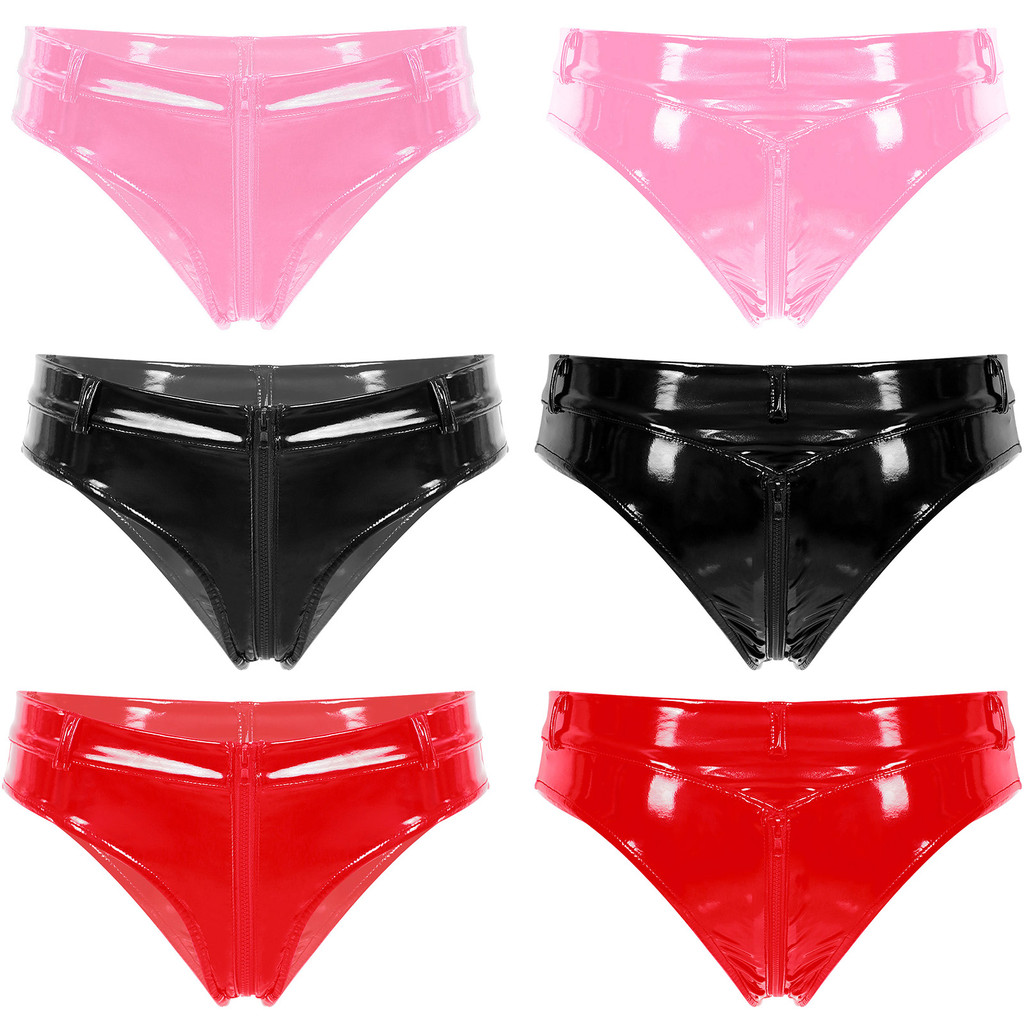 inhzoy Womens Zipper Crotch Booty Shorts Wet Look Patent Leather Briefs Panties Low Waist Hot Pants Clubwear