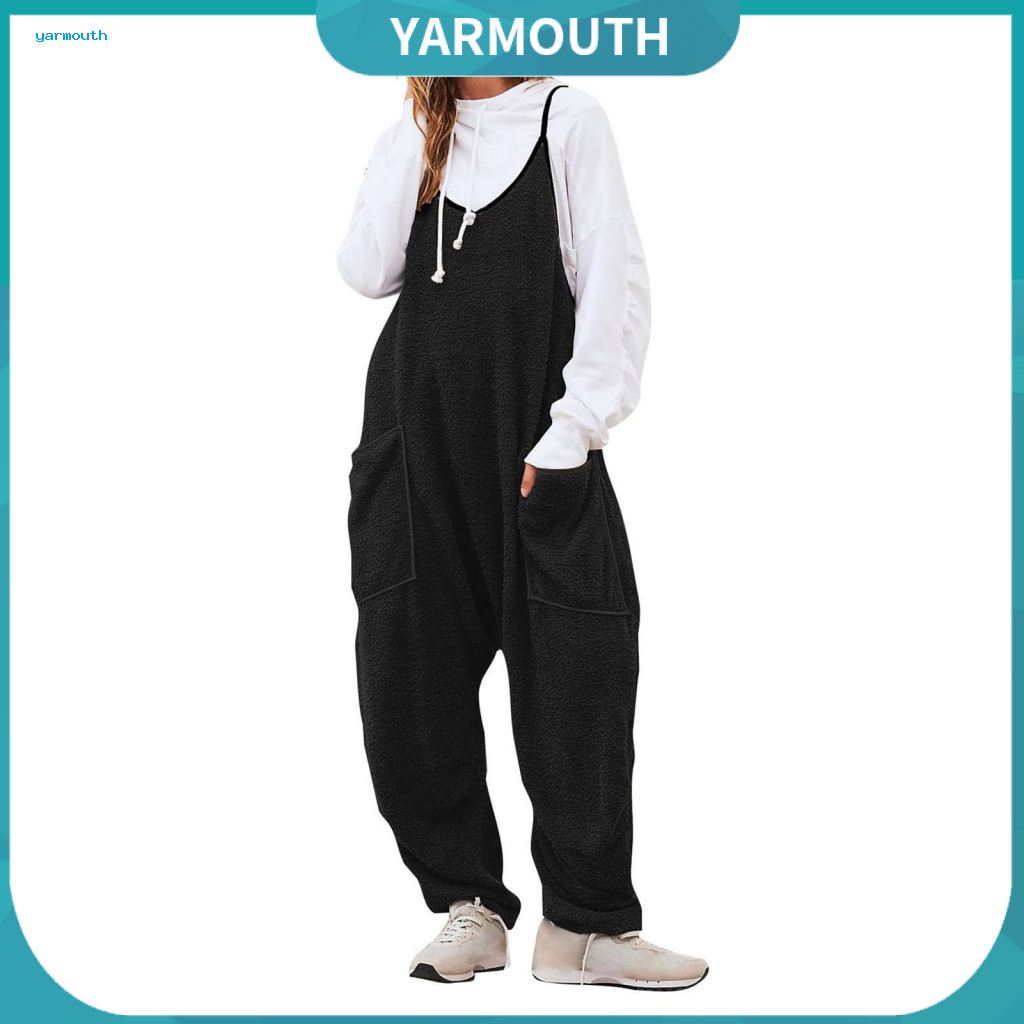 Women Fall Jumpsuit Wide-leg Women’s Baggy with Dual Pockets Crotch V Neck Oversized Backless Street Cargo Style – C