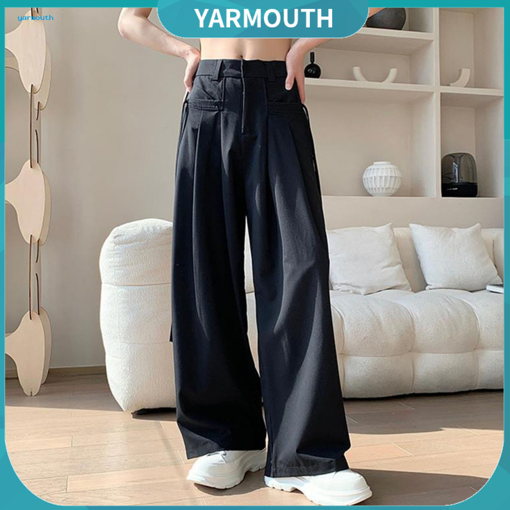Street Style Men Pants Wide-leg Bottoms Men's Ice Silk Wide Leg Solid Color Deep Crotch Zippered Pockets Drawstring Over