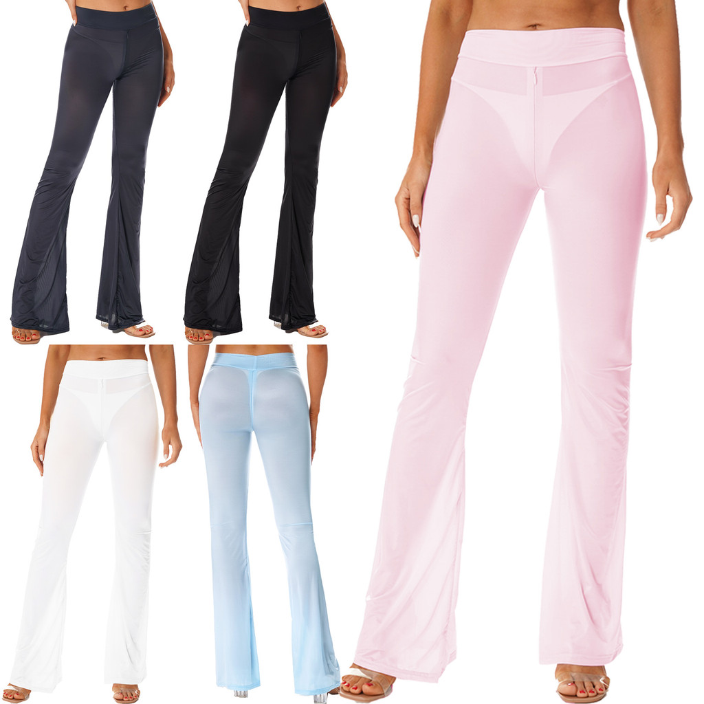 inhzoy Womens Semi See-Through Yoga Flared Pants Zipper Crotch Bell-Bottomed Trousers for Workout Club Dance