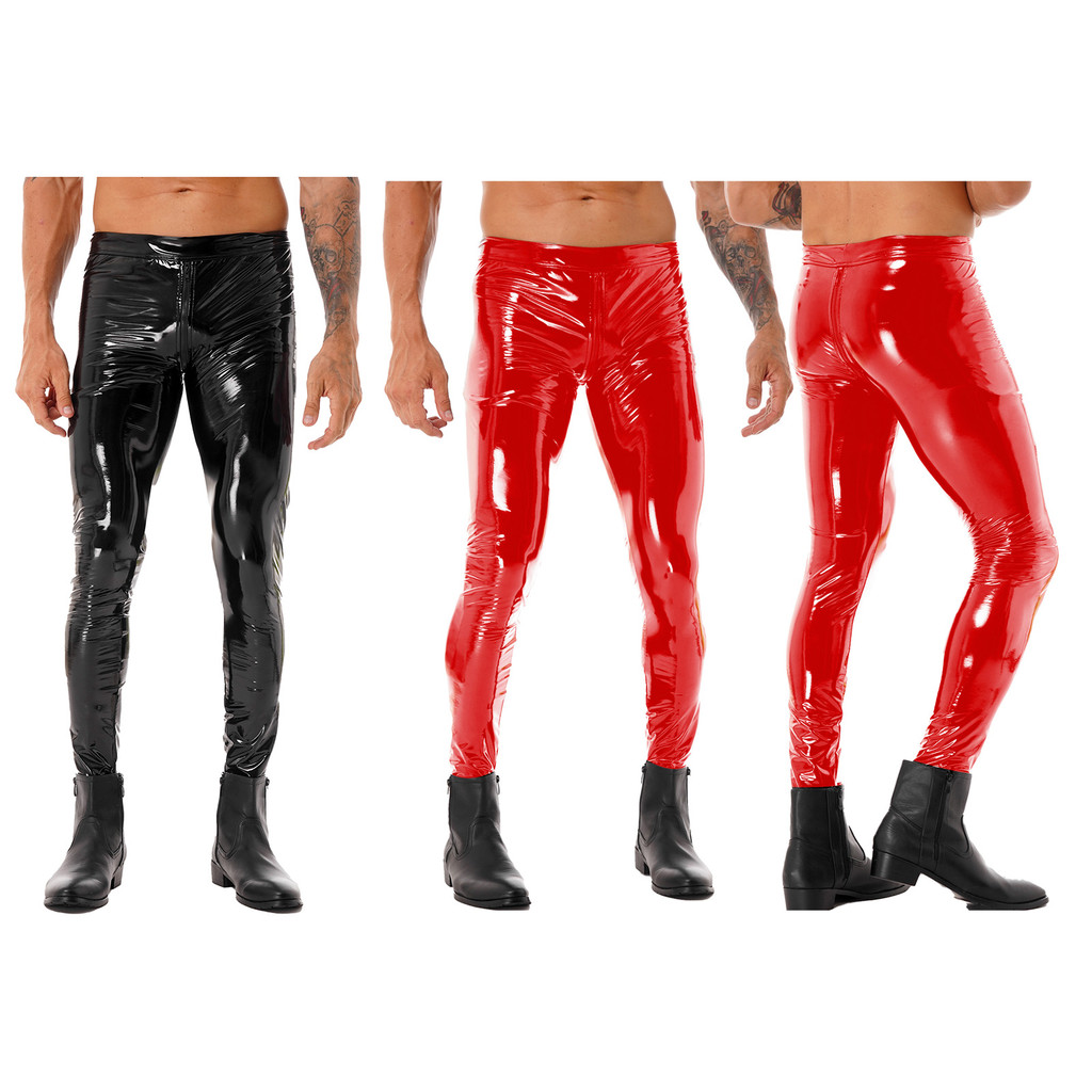 inhzoy Mens Two-way Zipper Crotch Trousers Wet Look Patent Leather Skinny Pants Clubwear Leggings