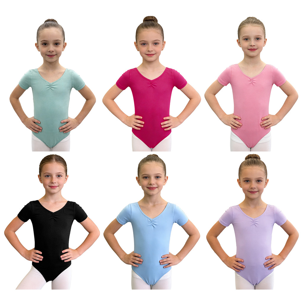 inhzoy Kids Girls Ballet Dance Practice Performance Costume Ruched V-Neck Short Sleeve Press Button Crotch Leotard