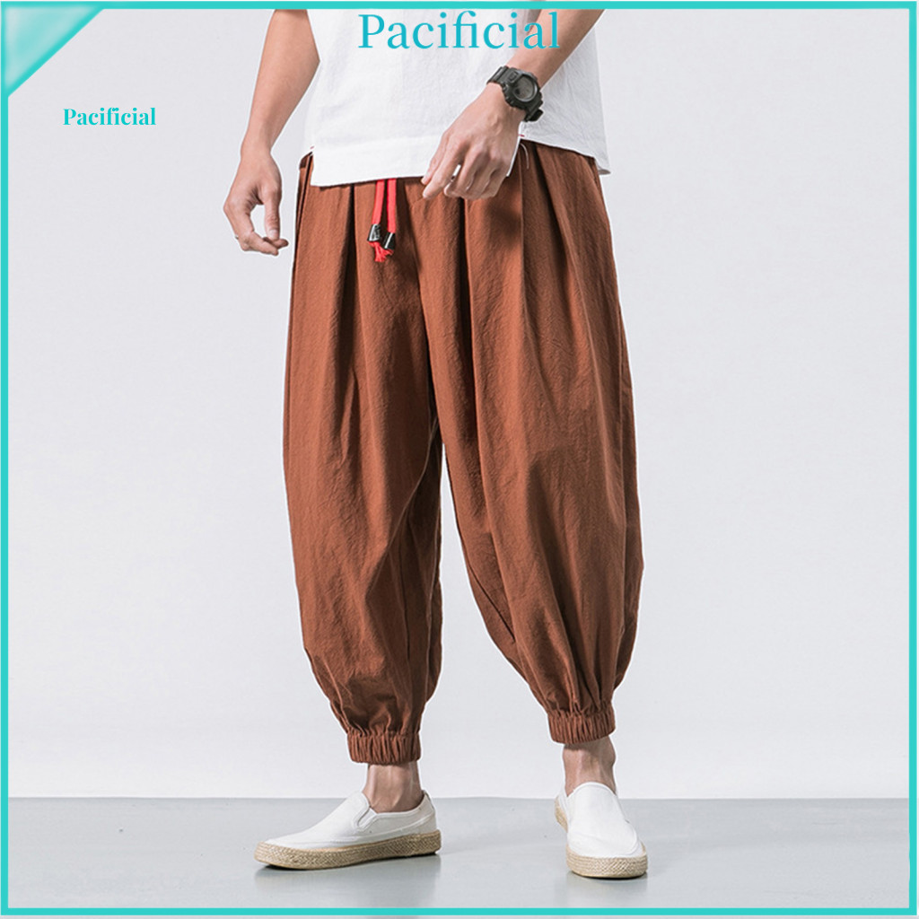 Elastic Ankle Pants for Men Stylish Baggy Men's Harem Casual Loose Drop Crotch Trousers with Drawstring Waist and Ankles