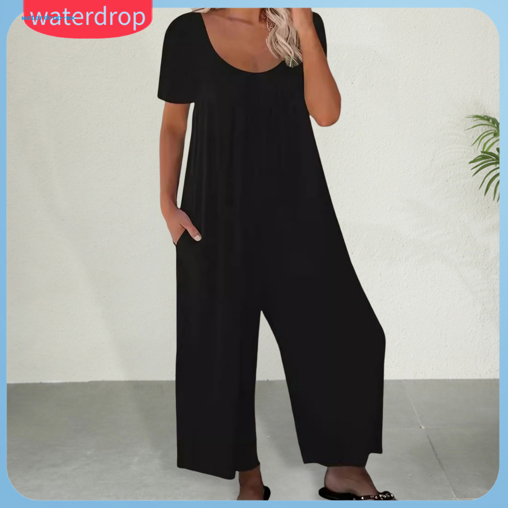 Summer Women’s Casual Jumpsuit O-neck Wide Leg Loose Fit Deep Crotch Solid Color Pullover with Side Pockets Ankle Leng