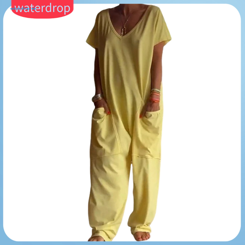 Women’s V Neck Jumpsuit with Short Sleeves Deep Crotch Loose Fit Big Pockets Full Length Wear – Comfortable Solid Co