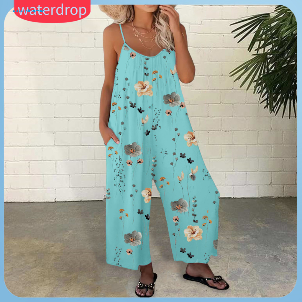 Summer Women’s Floral Jumpsuit – Adjustable Spaghetti Straps Backless Wide Leg Loose Fit with Crotch Side Pockets Pe