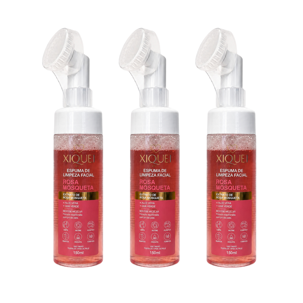 Kit 3 Espumas de Limpeza Facial Xiquei Rosa Mosqueta com Escova Massageadora 150ml