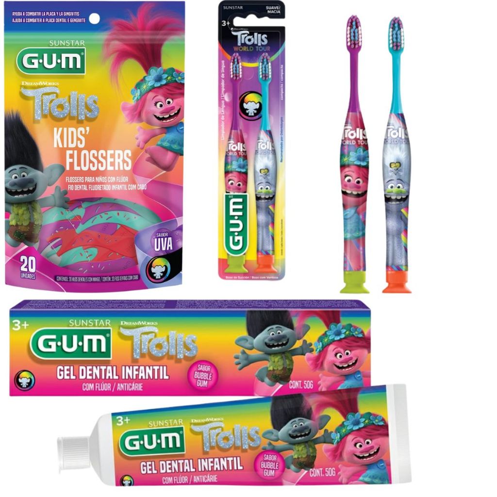 Kit TROLS GUM Dental Infantil: Escova TROLLS + Flosser e Gel dental Sabor Bubble Gum